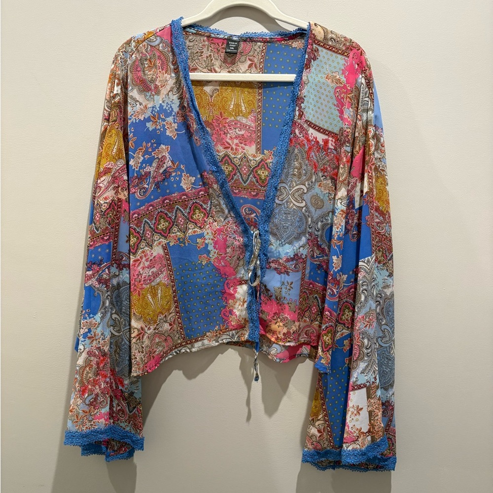 SHEIN Curve Pink and Blue Paisley Mesh Tie-Top